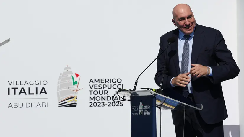 epa11795765 Italian Minister of Defense Guido Crosetto gives his speech during the welcoming ceremony of the Amerigo Vespucci World Tour ship at Zayed port in Abu Dhabi, United Arab Emirates, 28 December 2024. Amerigo Vespucci, Italian Navyâ€™s historic and iconic Training Ship, Ambassador of UNESCO, UNICEF and Italy will be docked in Abu Dhabi until 31 December as part of tour around the world, visiting over 30 ports across 5 continents. EPA/ALI HAIDER