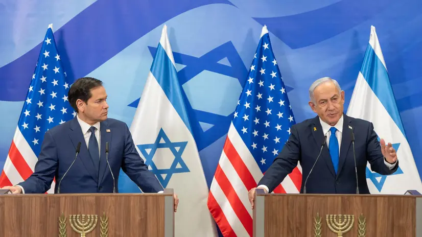 epa11900525 US Secretary of State Marco Rubio (L) and Israeli Prime Minister Benjamin Netanyahu (R) address a joint press conference following their meeting at the prime minister's office in Jerusalem, 16 February 2025. EPA/OHAD ZWIGENBERG / POOL