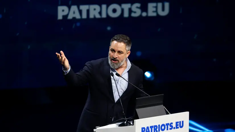epa11882517 Leader of Spain's far-right VOX Party, Santiago Abascal, takes part in the first summit of EU far-right parties in Madrid, Spain, 08 February 2025. The summit is held under the slogan 'Make Europe Great Again'. EPA/SERGIO PEREZ