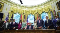 epa12381316 US President Donald Trump (C) signs a Presidential Memorandum in the Oval Office at the White House in Washington, DC, USA, 15 September 2025. EPA/SAMUEL CORUM / POOL