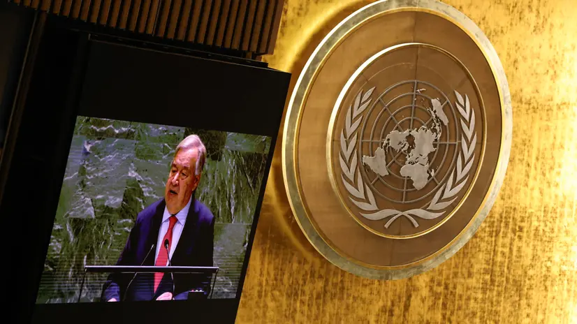 epa11622337 United Nations (UN) Secretary-General Antonio Guterres (on screen) speaks during the General Debate of the 79th session of the United Nations General Assembly at United Nations Headquarters in New York, New York, USA, 24 September 2024. The annual high-level General Debate gathers world leaders from 24 to 28 September, and 30 September under the theme, 'Leaving no one behind: acting together for the advancement of peace, sustainable development and human dignity for present and future generations'. EPA/SARAH YENESEL