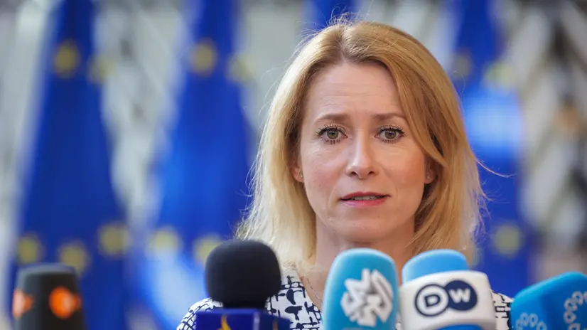 epa12238563 EU High Representative and Vice-President for Foreign Affairs and Security Policy, Kaja Kallas, speaks with journalists at a Foreign Affairs Council at the EU Council in Brussels, Belgium, 15 July 2025. EPA/OLIVIER MATTHYS