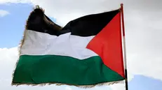 epa12290077 A Palestinian flag flutters during a protest against the US and Israel in Sana'a, Yemen, 08 August 2025. Thousands of Houthis demonstrated in Sana'a in support of the Palestinian people and in protest against the United States and Israel for continuing the military campaign in the Gaza Strip. Yemen's Houthis have threatened to target vessels of 64 shipping companies doing business with Israeli ports, according to Houthis-run Saba news agency. EPA/YAHYA ARHAB