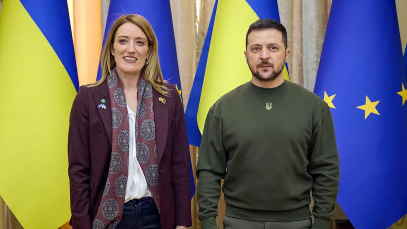 epa10502521 A handout photo made available by the Ukrainian Presidential Press Service shows Ukraine's President Volodymyr Zelensky (R) and Roberta Metsola (L), the President of the European Parliament, pose for a photo prior their meeting in Lviv, Ukraine, 04 March 2023. Metsola arrived in Ukraine to meet with top officials and express their support for Ukraine amid the Russian invasion. EPA/UKRAINE PRESIDENTIAL PRESS SERVICE HANDOUT HANDOUT EDITORIAL USE ONLY/NO SALES