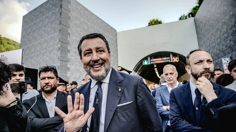 Matteo Salvini ministro dei trasporti durante la cerimonia di riapertura del traffico del tunnel del Tenda a Limone Piemonte. Cuneo 27 giugno 2025 ANSA/TINO ROMANO