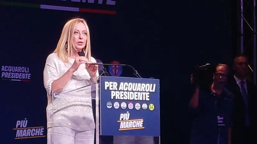 La presidente del Consiglio e leader di Fratelli d'Italia, Giorgia Meloni, alla chiusura della campagna elettorale del centrodestra per il governatore Francesco Acquaroli ad Ancona, 17 settembre 2025. ANSA/DAVIDE GENNARI