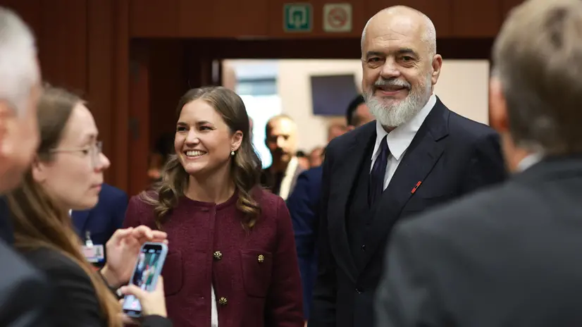 epa12381430 Albania's Prime Minister Edi Rama and Denmark's Minister of European Affairs Marie Bjerre (L) attend the 6th Accession Conference with Albania on the sidelines of an EU General Affairs Council in Brussels, Belgium, 16 September 2025. EPA/OLIVIER HOSLET