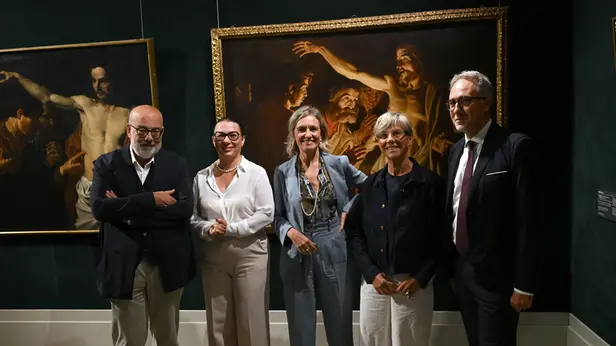 SPETTACOLI BRESCIA PINACOTECA TOSIO MARTINENGO INAUGURAZIONE MOSTRA DI MATTHIAS STOM NELLA FOTO DA SX GIANNI PAPI  ROBERTA  D'ADDA FRANCESCA BAZOLI LAURA CASTELLETTI STEFANO KARADJOV 18/09/2025 newreporter©favretto