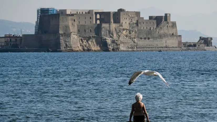 Tuffi e sdraio al sole all'arenile Diaz sul lungomare Caracciolo di Napoli per questo ponte di Ognissanti caratterizzato da giornate dalle temperature estive, 2 novembre 2024. ANSA / CIRO FUSCO