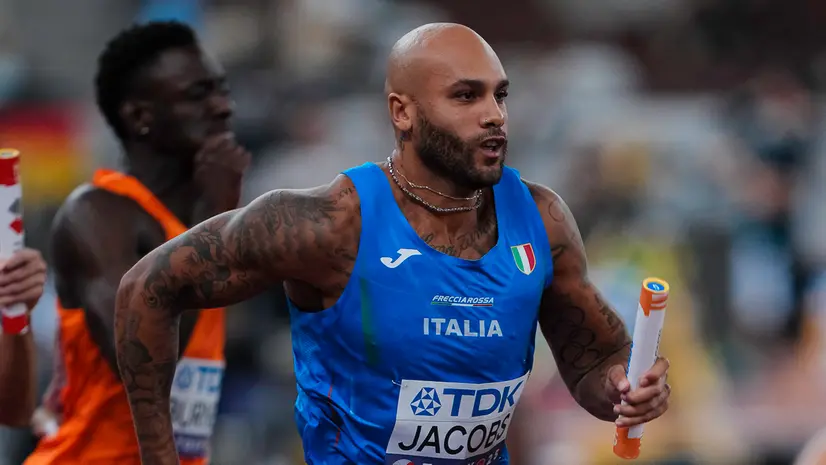 Marcell Jacobs durante la staffetta - Foto Fidal/Grana