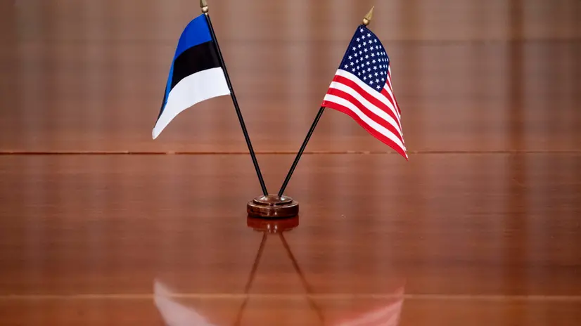 epa10251534 The national flags of Estonia and the United States on the table during a meeting between US Secretary of Defense Lloyd Austin and Estonian Defense Minister Hanno Pevkur at the Pentagon in Arlington, Virginia, USA, 18 October 2022. Pevkur and Austin discussed the situation in Ukraine during the ongoing Russian invasion. EPA/MICHAEL REYNOLDS