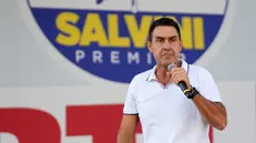 epa12395055 Deputy Secretary of Lega and member of the European Parliament, Roberto Vannacci, gives a speech during the traditional Lega party rally in Pontida, Italy, 21 September 2025. EPA/MICHELE MARAVIGLIA