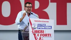 epa12395300 National Secretary of Lega and Italian Minister of Infrastructure and Transport Matteo Salvini Matteo Salvini gives a speech during the traditional Lega party rally in Pontida, Italy, 21 September 2025. EPA/MICHELE MARAVIGLIA