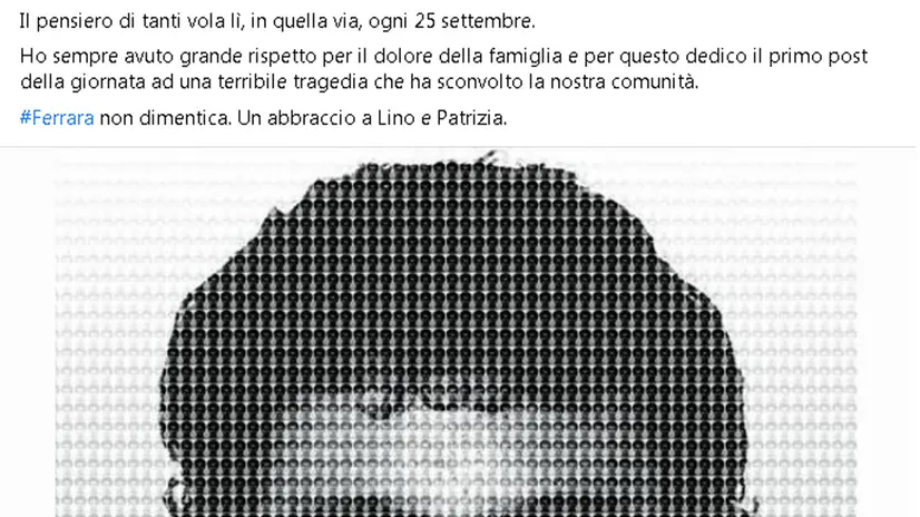 Il post tratto dal profilo Facebook del sindaco di Ferrara Alan Fabbri, ricorda Federico Aldrovandi ucciso nel 2005, Roma, 25 Settembre 2020. FACEBOOK