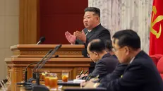 epa12193792 An undated photo released by the official North Korean Central News Agency (KCNA) on 24 June 2025 shows North Korean leader Kim Jong Un (L) speaking at the 12th plenary meeting of the eighth Central Committee of the ruling Workers' Party of Korea (WPK) in Pyongyang, North Korea. According to KCNA, the meeting was held from 21 to 23 June. EPA/KCNA EDITORIAL USE ONLY