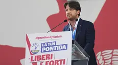 Alberto Stefani (Deputy Secretary of Lega) during the traditional Lega party rally in Pontida (Bergamo), 21 september 2025. ANSA/MICHELE MARAVIGLIA