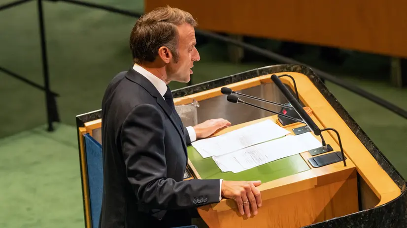 epa12398560 French President Emmanuel Macron speaks during the High-Level International Conference for the Peaceful Settlement of the Question of Palestine and the Implementation of the Two-State Solution, at the United Nations (UN) headquarters in New York, New York, USA, 22 September 2025. The UN General Assembly's high-level week runs from 22 until 30 September. EPA/LEV RADIN