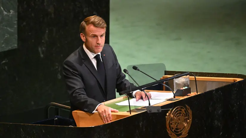 epa12398566 French President Emmanuel Macron speaks during the High-Level International Conference for the Peaceful Settlement of the Question of Palestine and the Implementation of the Two-State Solution, at the United Nations (UN) headquarters in New York, New York, USA, 22 September 2025. The UN General Assembly's high-level week runs from 22 until 30 September. EPA/LUKAS COCH AUSTRALIA AND NEW ZEALAND OUT