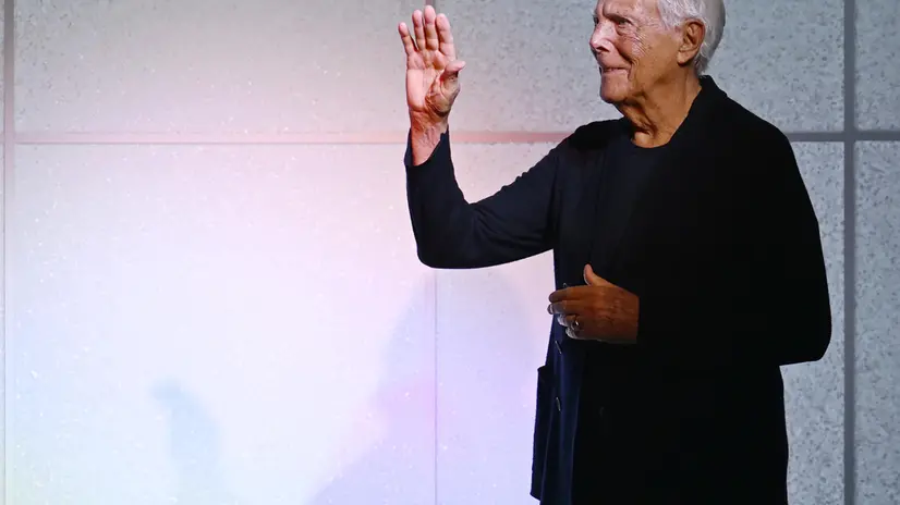 Italian fashion designer Giorgio Armani greets the audience at the endo of his women's Fall-Winter 2024-25 collection presented at the MIlan's Fashion Week in Milan,in Milan, Italy, 25 February 2024 at the MIlan's Fashion Week in Milan, Italy, 23 February 2024. The women's Fall-Winter 2024-25 collection runs from 20 t0 26 February. ANSA/DANIEL DAL ZENNARO