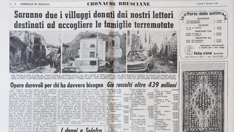 La sottoscrizione lanciata nel 1980 per il Sud terremotato © www.giornaledibrescia.it