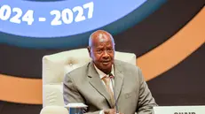 epa11089273 Ugandan President Yoweri Museveni delivers his speech after being handed over the Chairmanship of the 19th Non-Aligned Movement summit in Munyonyo, Kampala, Uganda, 19 January 2024. The organization consists of 120 countries which are not formally aligned with or against any major power bloc. EPA/DANIEL IRUNGU