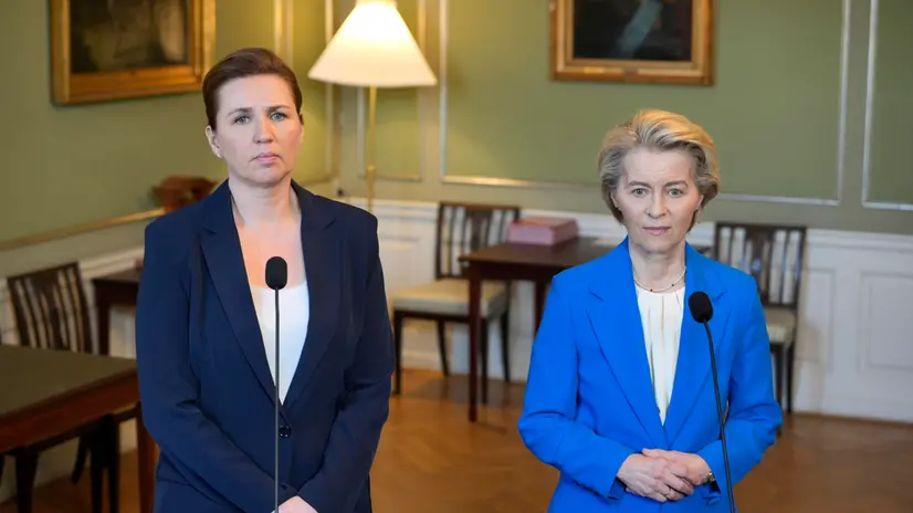 epa11972302 Danish Prime Minister Mette Frederiksen (L) and President of the European Commission Ursula von der Leyen talk to the media after their meeting at the Army Officers' School at Frederiksberg Castle, in Frederiksberg, Denmark, 18 March 2025. EPA/EMIL HELMS DENMARK OUT