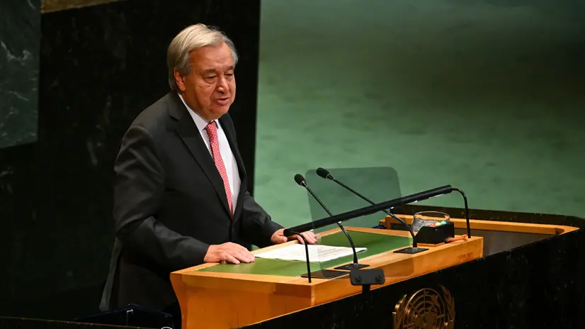 epa12398986 United Nations Secretary-General Antonio Guterres addresses the High-Level International Conference for the Peaceful Settlement of the Question of Palestine and the Implementation of the Two-State Solution, at the United Nations (UN) headquarters in New York, New York, USA, 22 September 2025. The UN General Assembly's high-level week runs from 22 until 30 September. EPA/LUKAS COCH AUSTRALIA AND NEW ZEALAND OUT