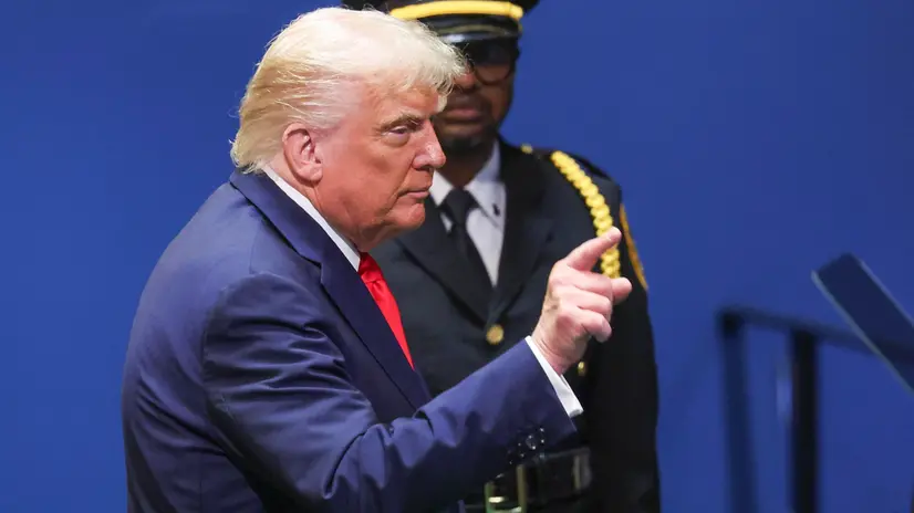 epa12400060 US President Donald Trump (L) departs after addressing the General Debate of the 80th session of the United Nations General Assembly (UNGA) at the United Nations headquarters in New York, New York, USA, 23 September 2025. EPA/SARAH YENESEL
