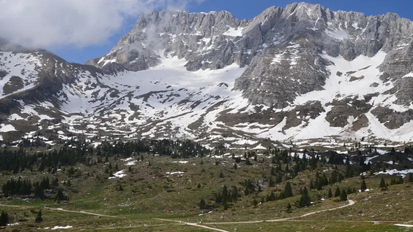I pascoli e i pendii innevati del Montasio
