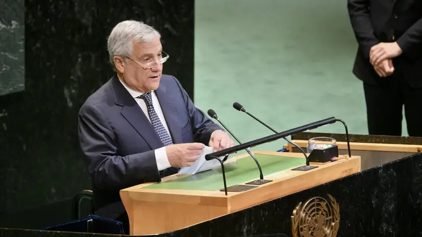 Il ministro degli Esteri Antonio Tajani durante la Conferenza di Alto Livello sulla soluzione a due Stati presso il Palazzo delle Nazioni Unite (ONU) New York, 22 settembre 2025. ANSA/ALESSANDRO DI MEO