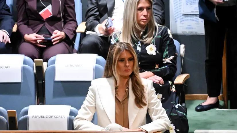 epa12400302 US First Lady Melania Trump (front) listens to US President Donald Trump's speech during the General Debate of the 80th session of the United Nations General Assembly (UNGA) at the United Nations headquarters in New York, New York, USA, 23 September 2025. EPA/LUKAS COCH NO ARCHIVING AUSTRALIA AND NEW ZEALAND OUT