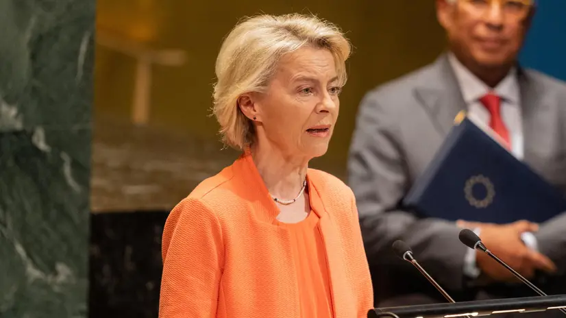 epa12398929 President of European Commission Ursula von der Leyen speaks during the High-Level International Conference for the Peaceful Settlement of the Question of Palestine and the Implementation of the Two-State Solution, at the United Nations (UN) headquarters in New York, New York, USA, 22 September 2025. The UN General Assembly's high-level week runs from 22 until 30 September. EPA/LEV RADIN