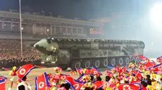 epa10772681 A photo released by the official North Korean Central News Agency (KCNA) shows a mobile Intercontinental Balistic Missile launcher on display during a military parade held to mark the 70th anniversary of the signing of the armistice that halted the 1950-53 Korean War, at Kim Il-sung Square in Pyongyang, North Korea, 27 July 2023 (issued 28 July 2023). EPA/KCNA EDITORIAL USE ONLY