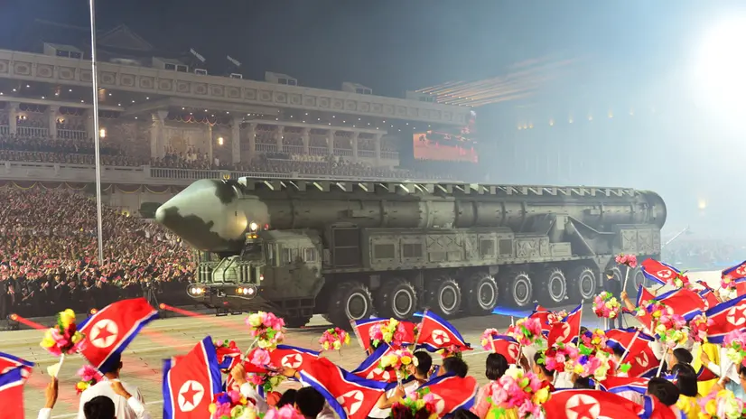 epa10772681 A photo released by the official North Korean Central News Agency (KCNA) shows a mobile Intercontinental Balistic Missile launcher on display during a military parade held to mark the 70th anniversary of the signing of the armistice that halted the 1950-53 Korean War, at Kim Il-sung Square in Pyongyang, North Korea, 27 July 2023 (issued 28 July 2023). EPA/KCNA EDITORIAL USE ONLY
