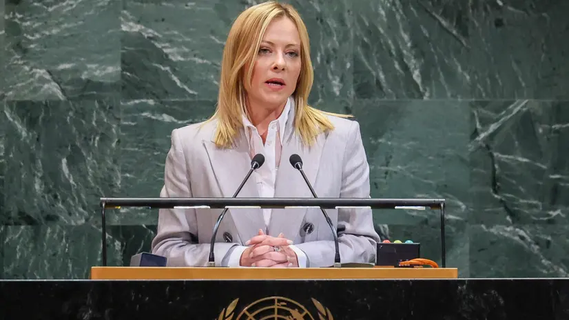 epa12403507 Italian Prime Minister Giorgia Meloni speaks during the General Debate of the 80th session of the United Nations General Assembly (UNGA) at the United Nations headquarters in New York, USA, 24 September 2025. EPA/SARAH YENESEL