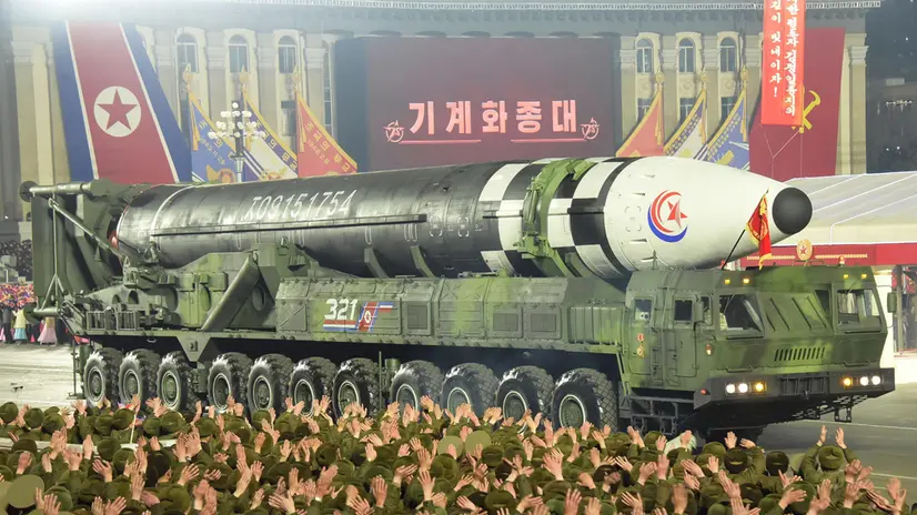 epa10455996 A photo released by the official North Korean Central News Agency (KCNA) shows a Hwasong-17 intercontinental ballistic missile displayed during a military parade at Kim Il Sung Square to mark the 75th anniversary of the founding of the Korean People's Army (KPA), the revolutionary armed forces of the Worker's Party of Korea (WPK) in Pyongyang, North Korea, 08 February 2023 (issued 09 February 2023). EPA/KCNA EDITORIAL USE ONLY EDITORIAL USE ONLY
