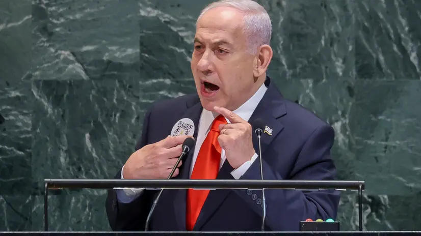 epa12407723 Prime Minister of Israel Benjamin Netanyahu speaks during the General Debate of the 80th session of the United Nations General Assembly at United Nations headquarters in New York, New York, USA, 26 September 2025. EPA/SARAH YENESEL