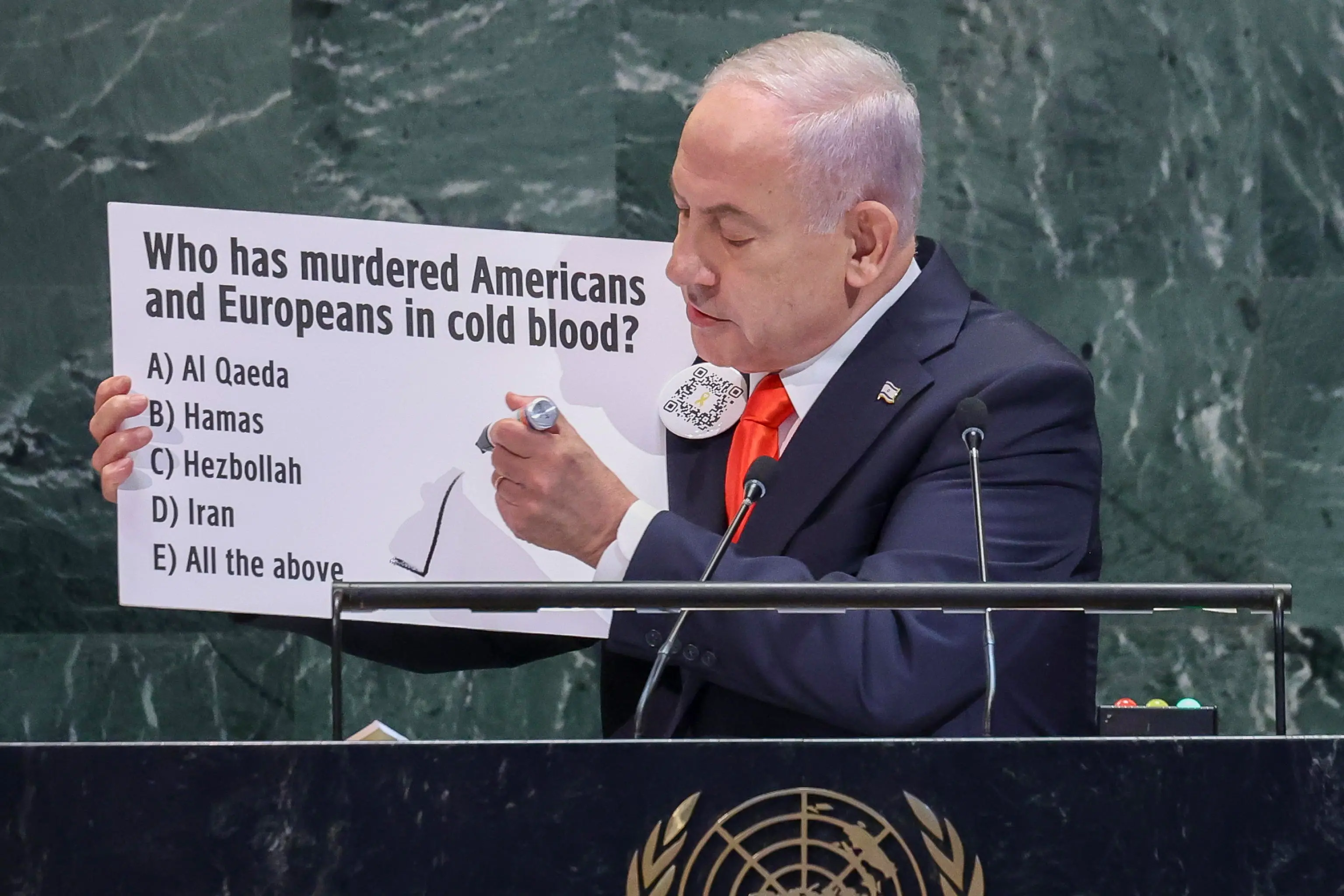 Il premier israeliano Benjamin Netanyahu intervenendo all'assemblea generale dell'Onu