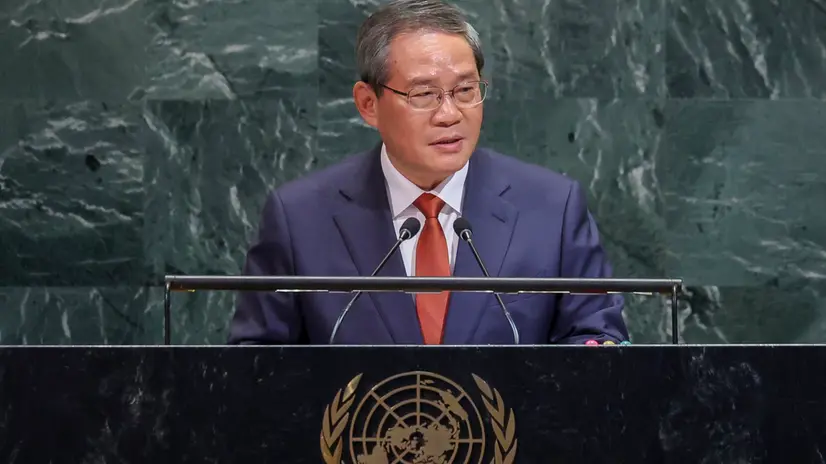 epa12407847 Premier of the People's Republic of China Li Qiang speaks during the General Debate of the 80th session of the United Nations General Assembly at United Nations headquarters in New York, New York, USA, 26 September 2025. EPA/SARAH YENESEL