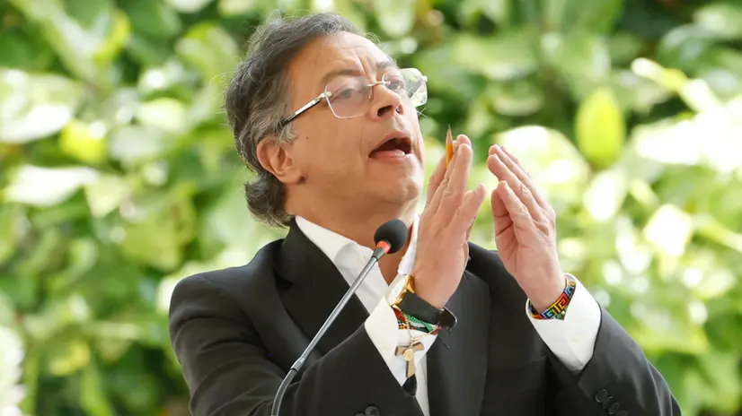epa12317215 Colombian President Gustavo Petro speaks at the 5th Amazonian Countries Summit in Bogota, Colombia, 22 August 2025. The purpose of the meeting of presidents is to agree on a joint declaration on the protection of the Amazon that will be presented at COP30. EPA/MAURICIO DUENAS CASTANEDA