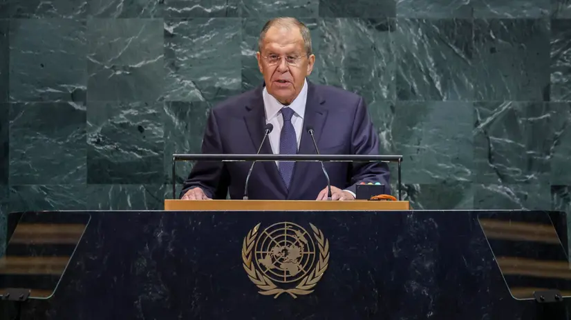 epa12410515 Minister of Foreign Affairs of the Russian Federation Sergey Lavrov speaks during the General Debate of the 80th session of the United Nations General Assembly at United Nations headquarters in New York, New York, USA, 27 September 2025. EPA/SARAH YENESEL