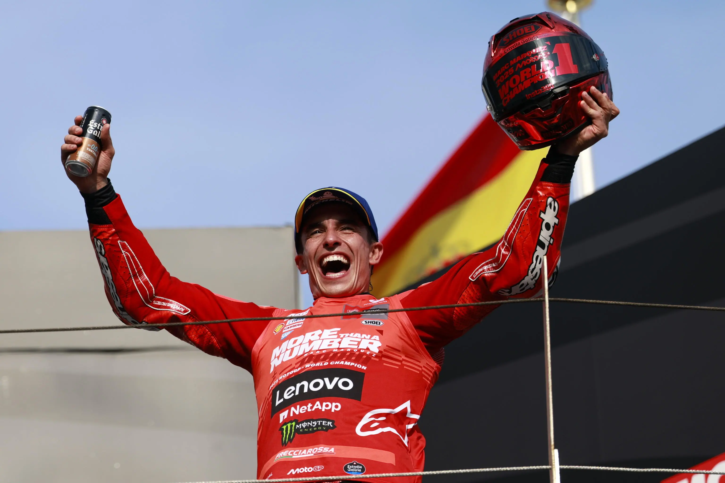 epa12411976 MotoGP Ducati Lenovo Team rider Marc Marquez of Spain celebrates his World Champion 2025 after the race at the Motorcycling Grand Prix of Japan in Motegi, Tochigi Prefecture, northeastern Japan, 28 September 2025. EPA/FRANCK ROBICHON