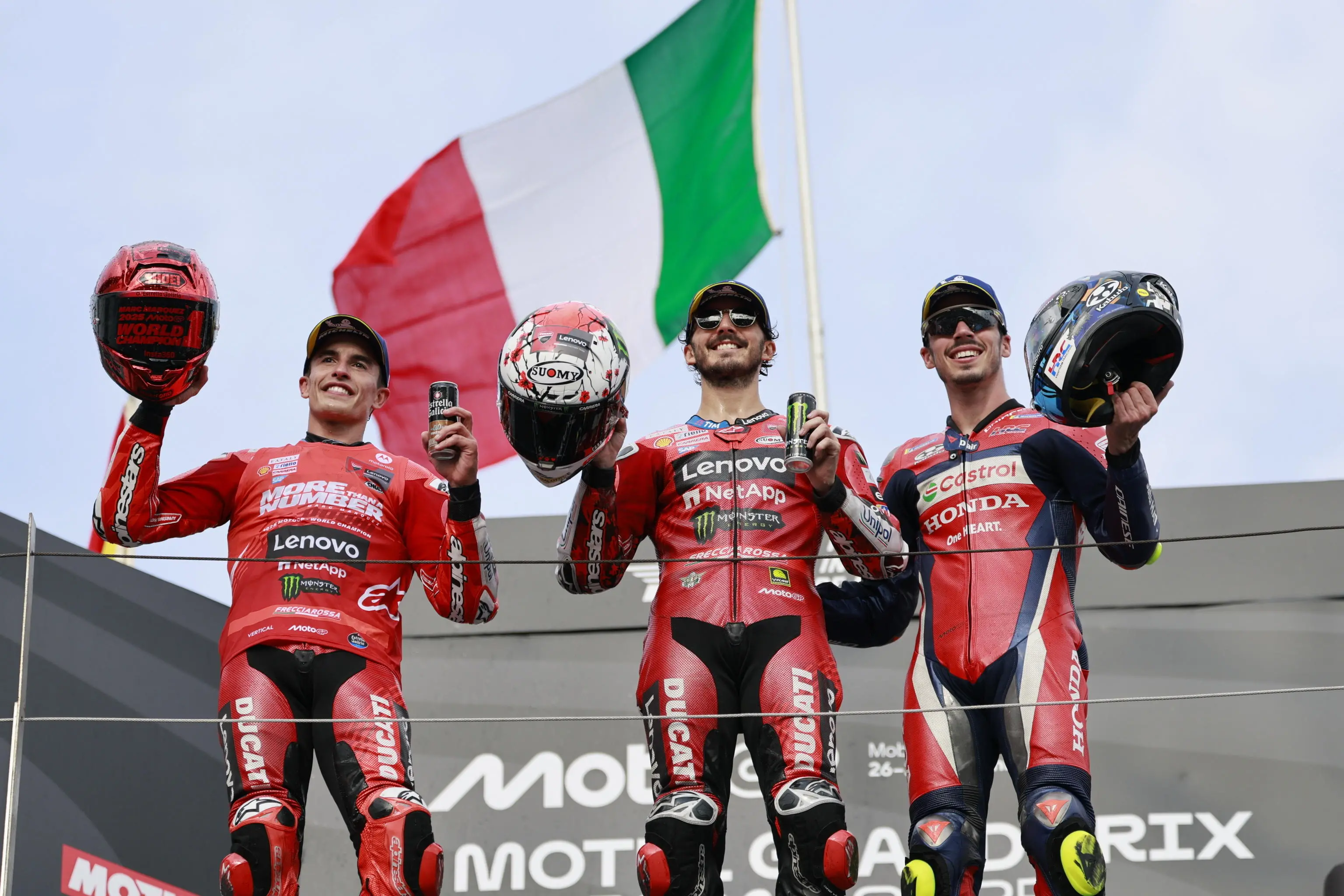 epa12412003 MotoGP winner Ducati Lenovo Team rider Francesco Bagnaia (C) of Italy, second-placed winner Ducati Lenovo Team rider Marc Marquez (L) of Spain and third-placed winner Honda HRC rider Joan Mir (R) of Spain celebrate after the race during the Motorcycling Grand Prix of Japan in Motegi, Tochigi Prefecture, northeastern Japan, 28 September 2025. EPA/FRANCK ROBICHON