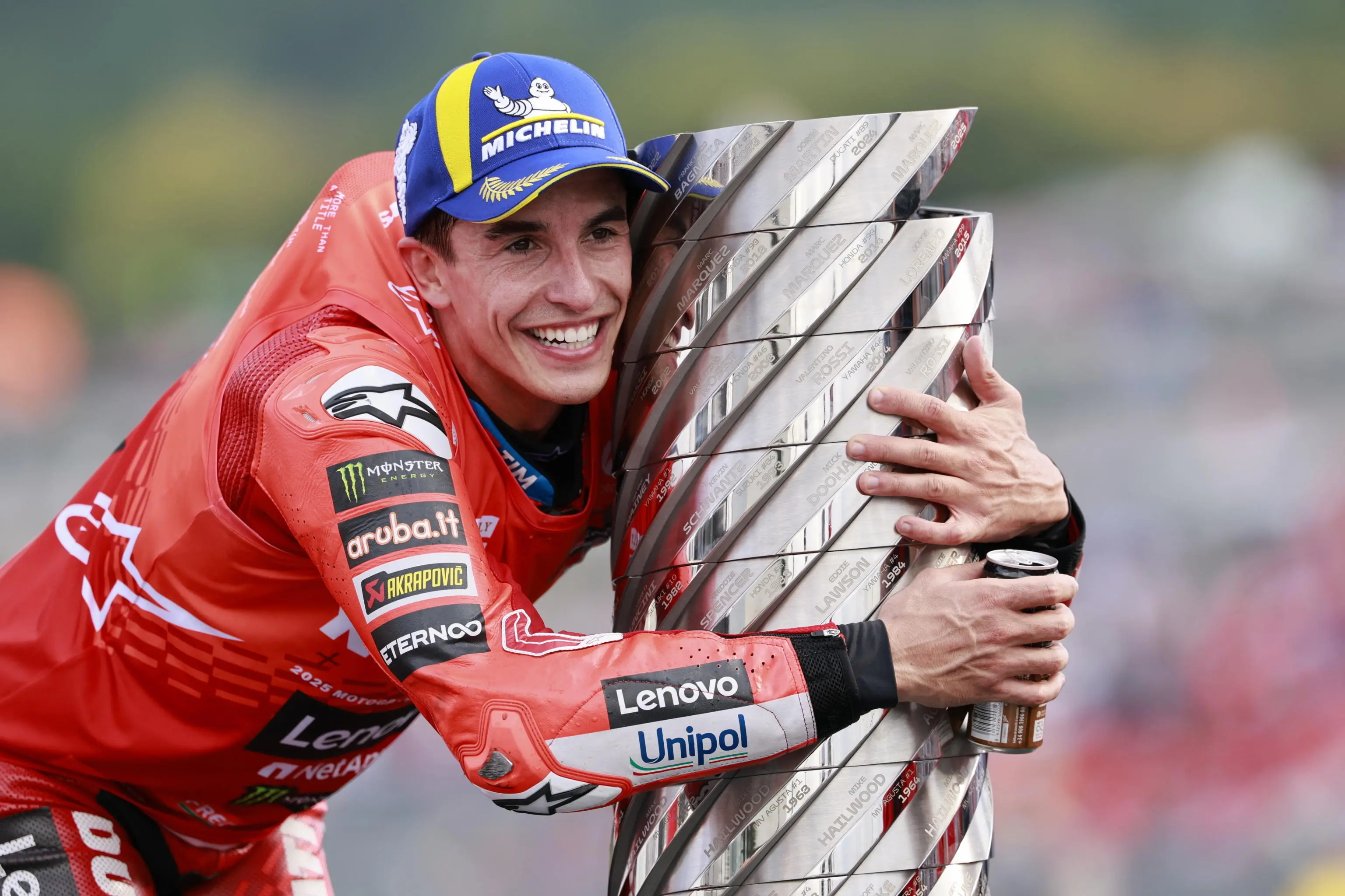 epa12411990 MotoGP Ducati Lenovo Team rider Marc Marquez of Spain celebrates his World Champion 2025 title after the race at the Motorcycling Grand Prix of Japan in Motegi, Tochigi Prefecture, northeastern Japan, 28 September 2025. EPA/FRANCK ROBICHON