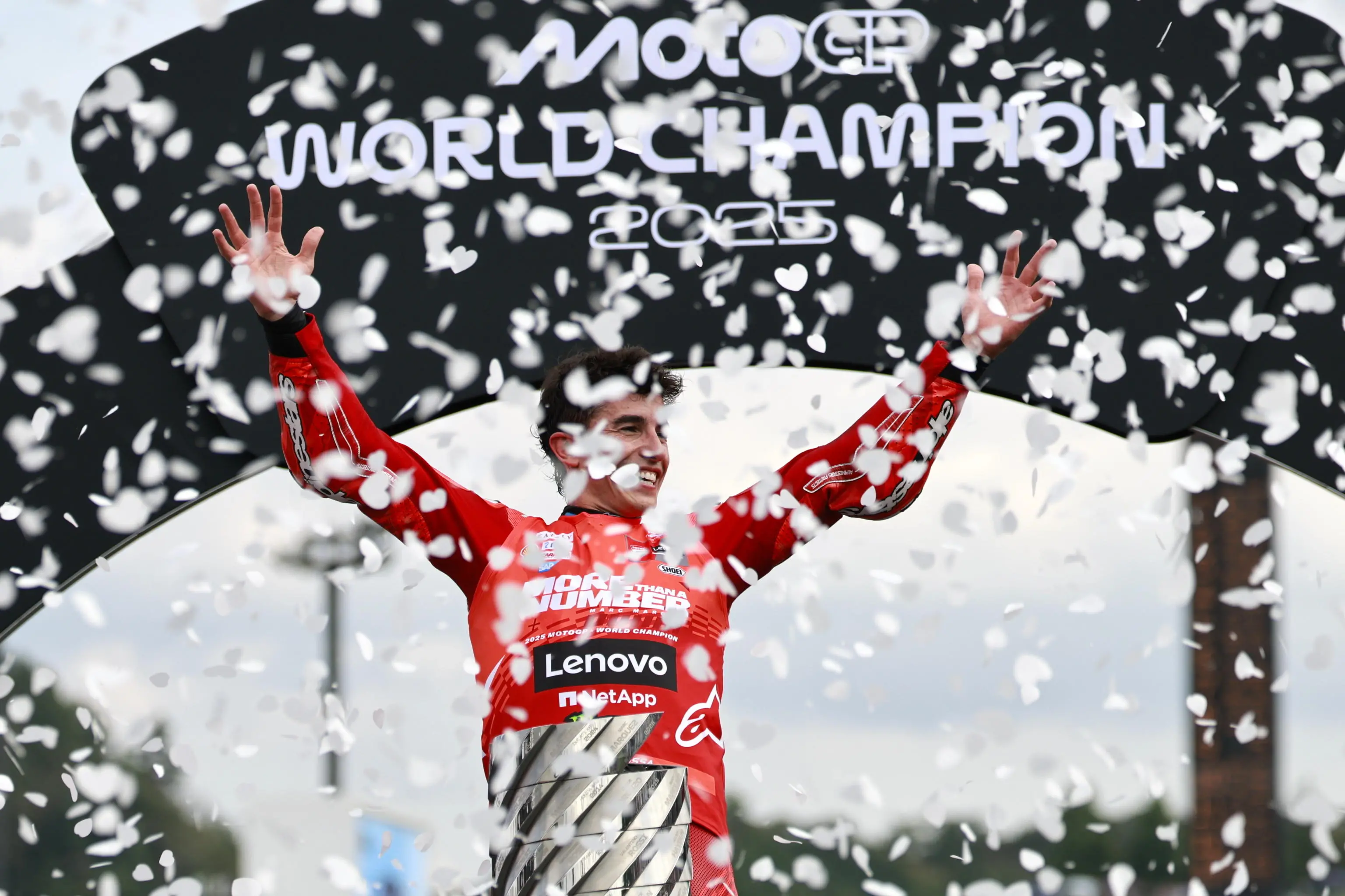 epa12412005 MotoGP Ducati Lenovo Team rider Marc Marquez of Spain celebrates his World Champion 2025 title after the race during the Motorcycling Grand Prix of Japan in Motegi, Tochigi Prefecture, northeastern Japan, 28 September 2025. EPA/FRANCK ROBICHON