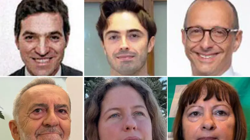 Nella combo i candidati alla presidenza della regione Marche.Prima fila, da sinistra Francesco Acquaroli, Francesco Gerardi e Matteo Ricci; seconda fila da sinistra Claudio Bolletta, Beatrice Marinelli e Lidia Mangani. ANSA/NPK