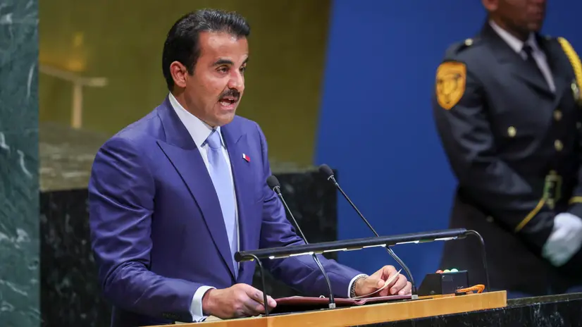 epa12400262 Emir of Qatar, Tamim bin Hamad Al Thani (L) speaks during the General Debate of the 80th session of the United Nations General Assembly (UNGA) at the United Nations headquarters in New York, New York, USA, 23 September 2025. EPA/SARAH YENESEL