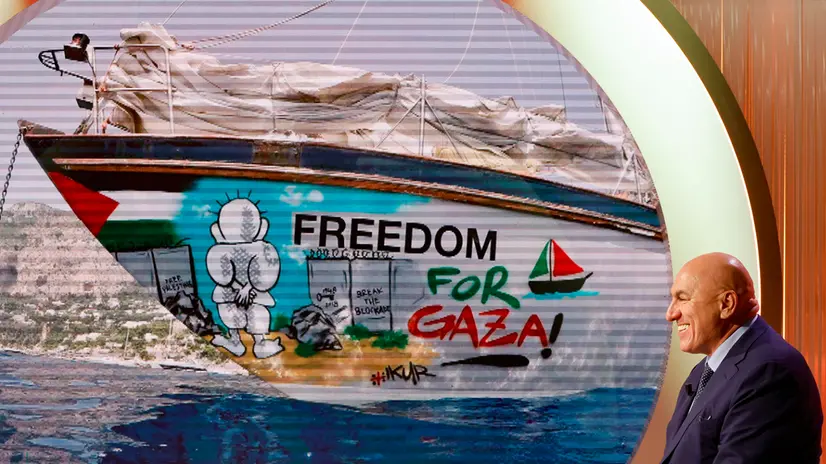 Il ministro della difesa Guido Crosetto e sullo sfondo una foto della Global Sumud Flotilla for Gaza, durante la trasmissione televisiva ‘’Cinque Minuti’’ in onda su Rai Uno, Roma 29 settembre 2025. ANSA/FABIO FRUSTACI