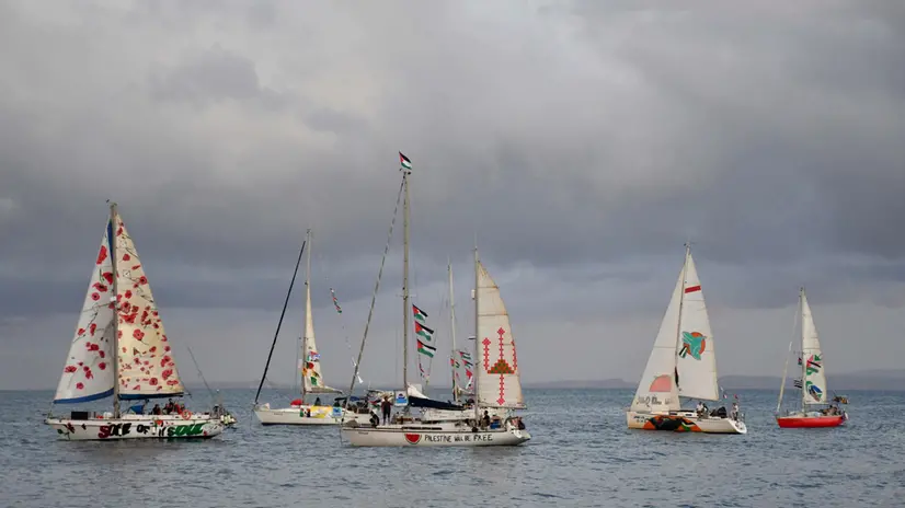 epa12410897 A flotilla of boats leaves the port of San Giovanni Li Cuti in Catania, Sicily, southern Italy, 27 September 2025. The Freedom Flotilla Coalition (FFC) and Thousand Madleens to Gaza (TMTG) announced the launch of a flotilla to Gaza of 10 boats from Catania, with dozens on board. EPA/ORIETTA SCARDINO