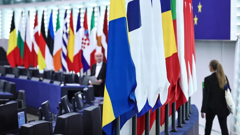 epa12182587 Flags of the European Union members in the hemicycle of the European Parliament in Strasbourg, France, 18 June 2025. The current European Parliament plenary session runs from 16 to 19 June. EPA/RONALD WITTEK